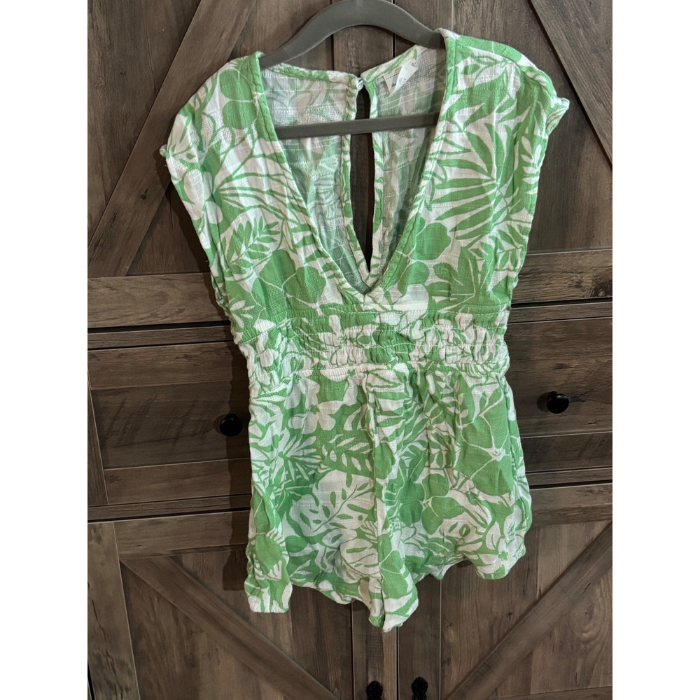 Abercrombie Kids Green White Tropical Palm Leaf Print Romper Open Back Girls 7/8